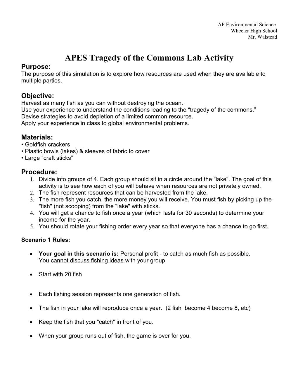 APES Tragedy of the Commons Lab Activity