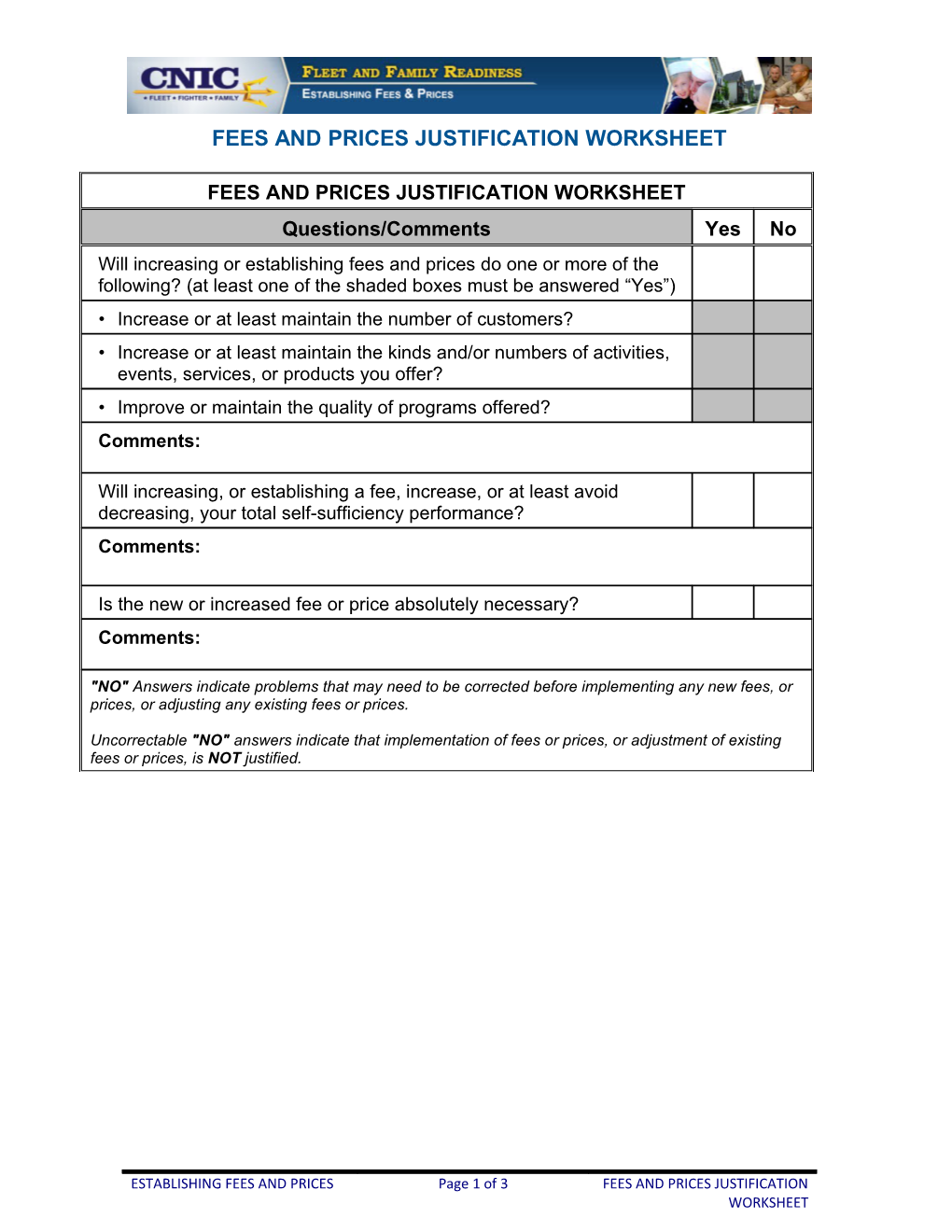 Fees and Prices Justification Worksheet