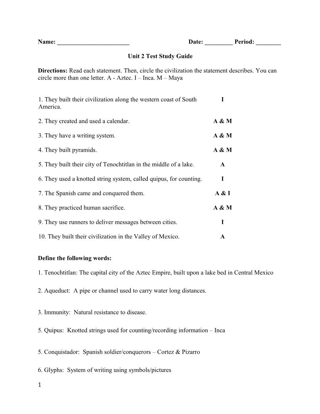 Unit 2 Test Study Guide