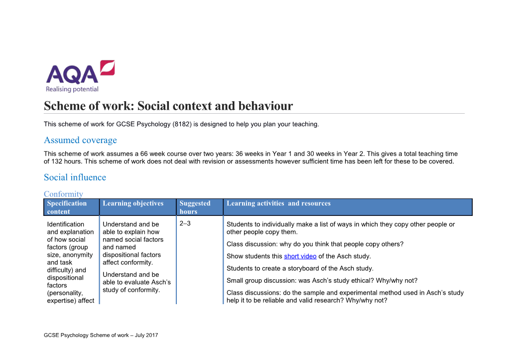 Scheme of Work:Social Context and Behaviour
