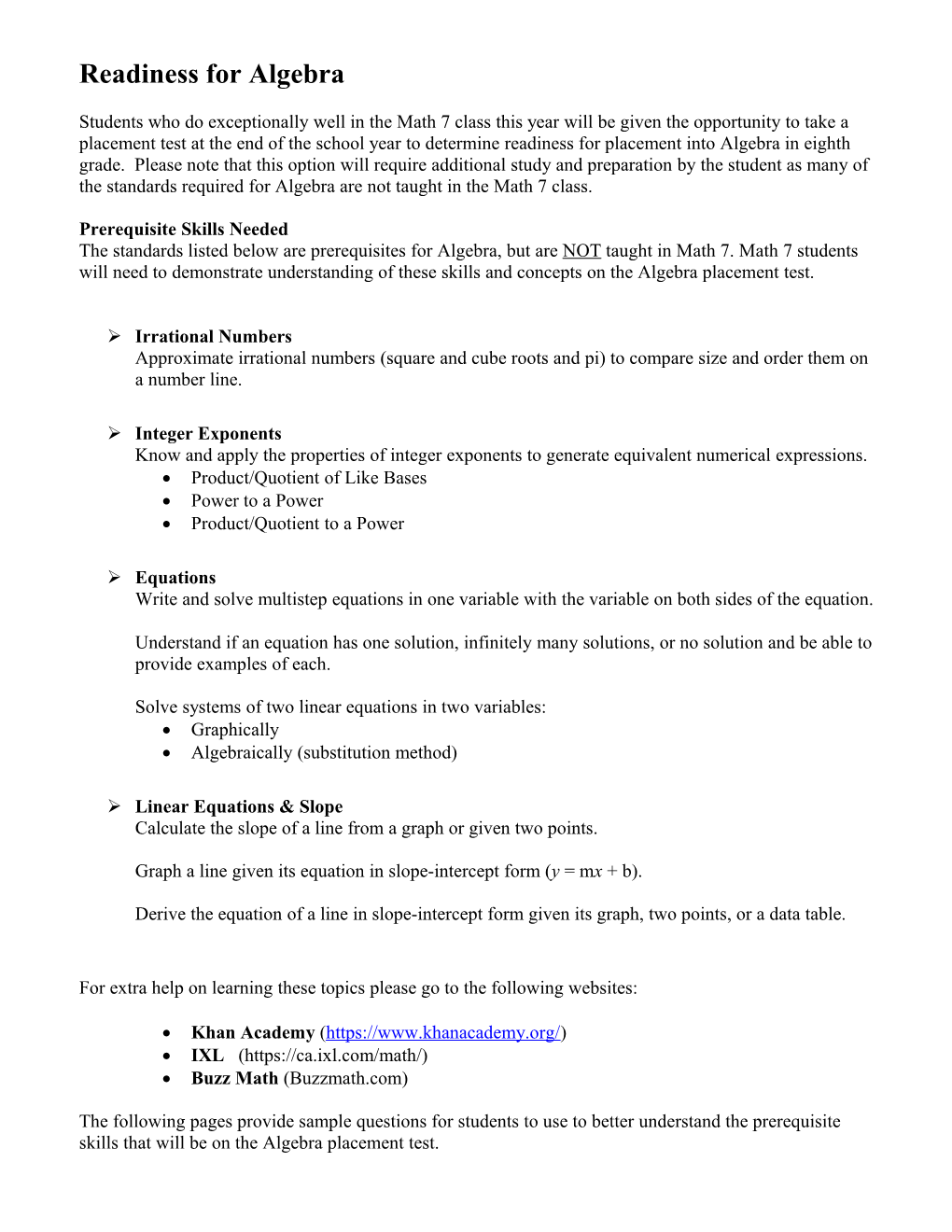 Readiness for Accelerated Math 7