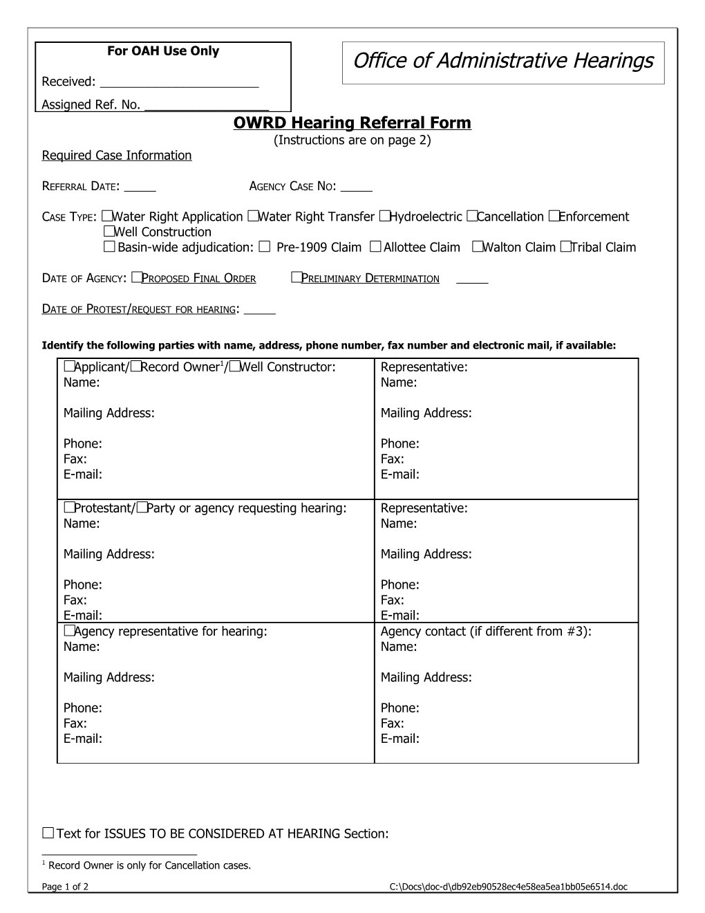 OWRD Hearing Referral Form