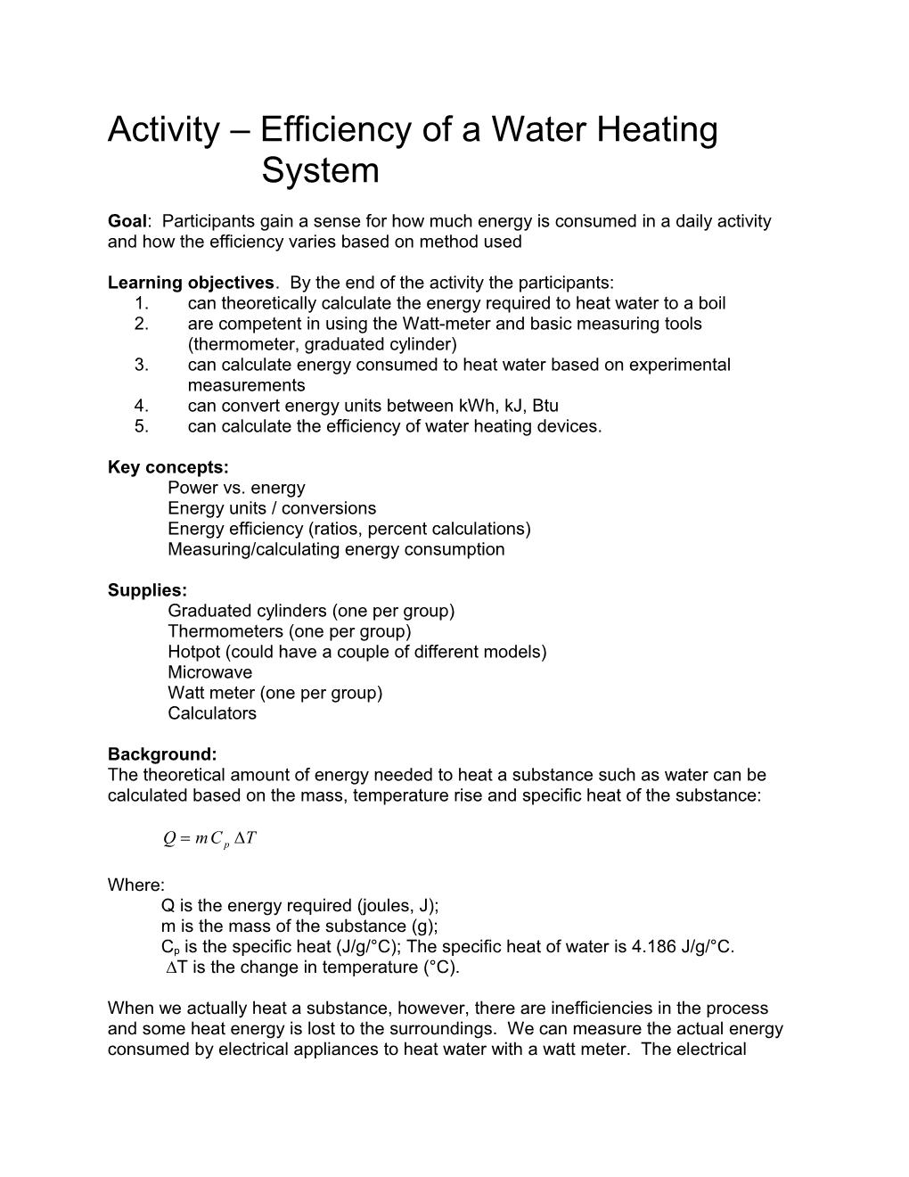 Activity Efficiency of a Water Heating System