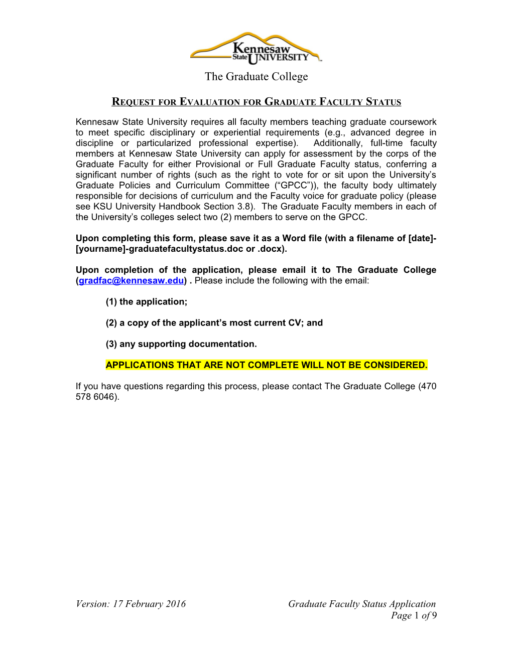 Request for Evaluation for Graduate Faculty Status