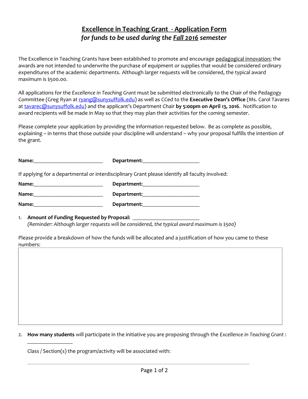 Excellence in Teaching Grant - Application Form