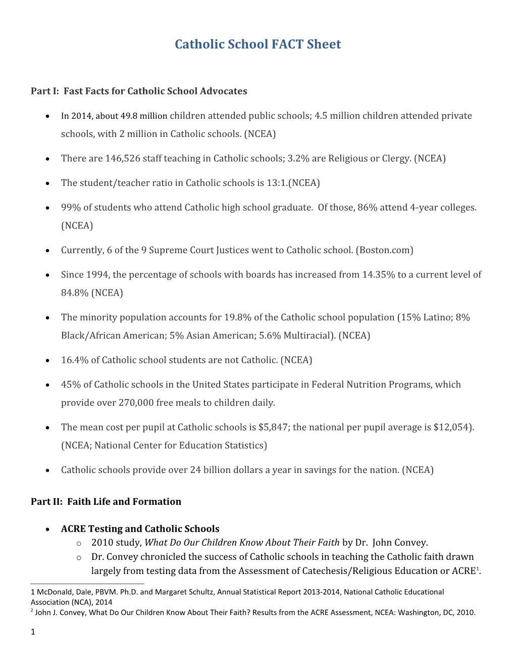 Part I: Fast Facts for Catholic School Advocates