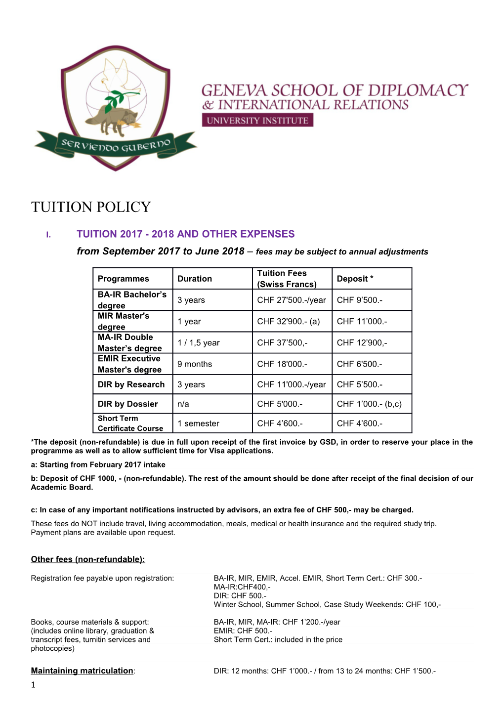 From September 2017 to June 2018 Fees May Be Subject to Annual Adjustments