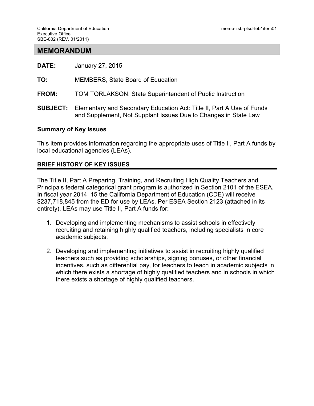February 2015 ILSB PLSD Item 01 - Information Memorandum (CA State Board of Education)