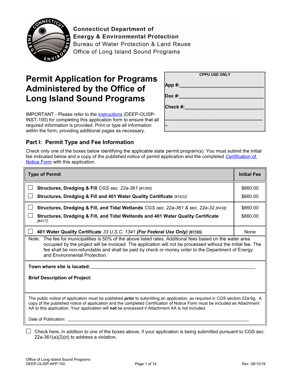 Permit Application for Programs Administered by the Office of Long Island Sound Programs