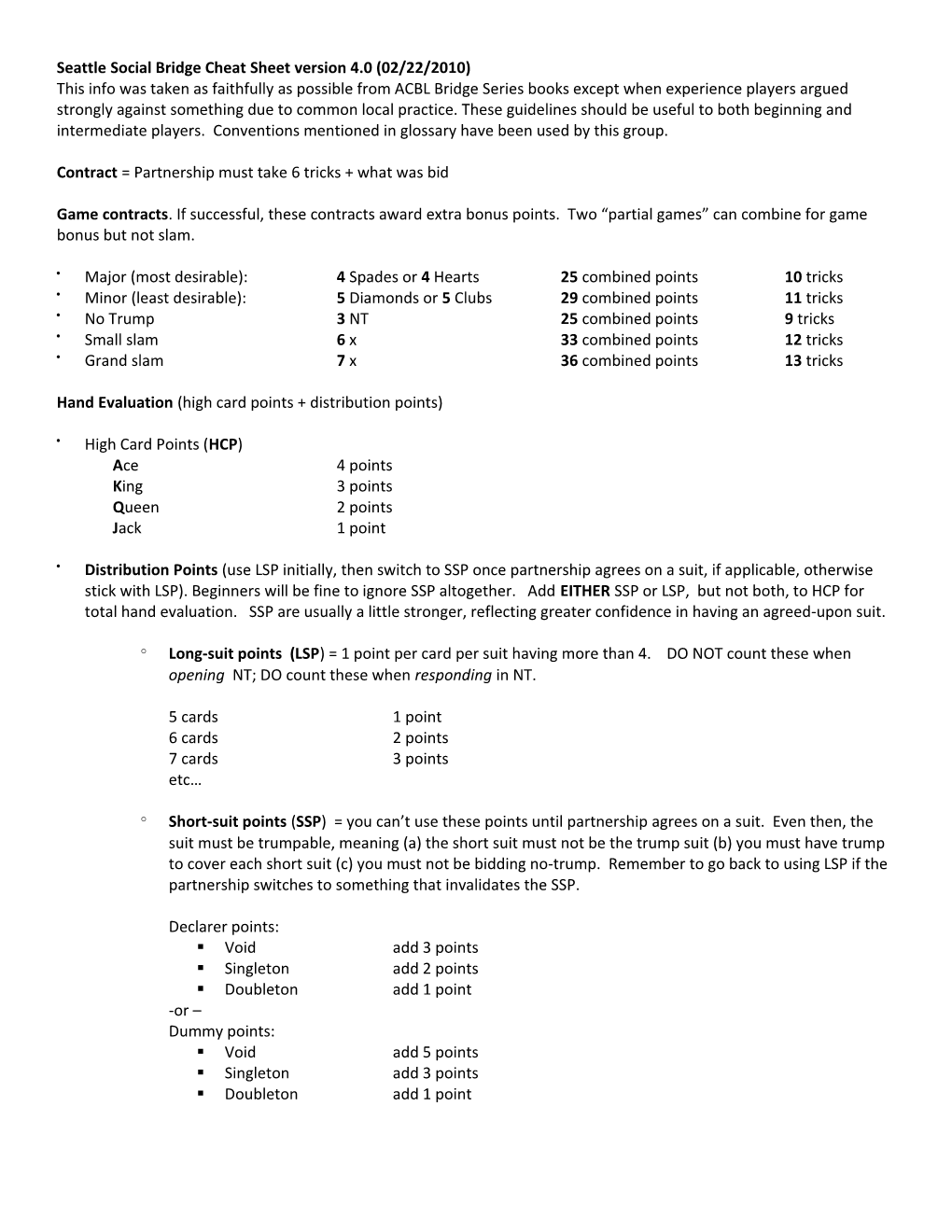 Seattle Social Bridge Cheat Sheet Version 4.0 (02/22/2010)