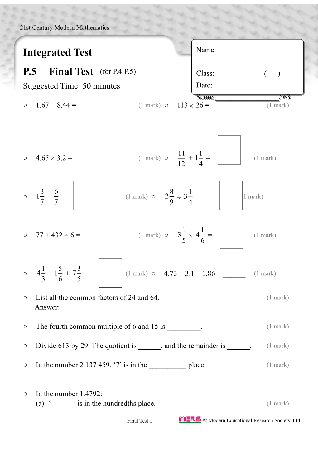 Integrated Test in TSA Format P.5 Final Test