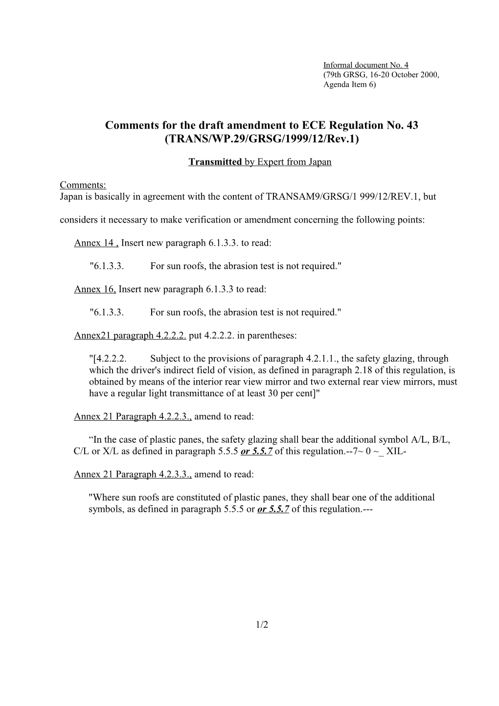 Comments for the Draft Amendment to ECE Regulation No. 43