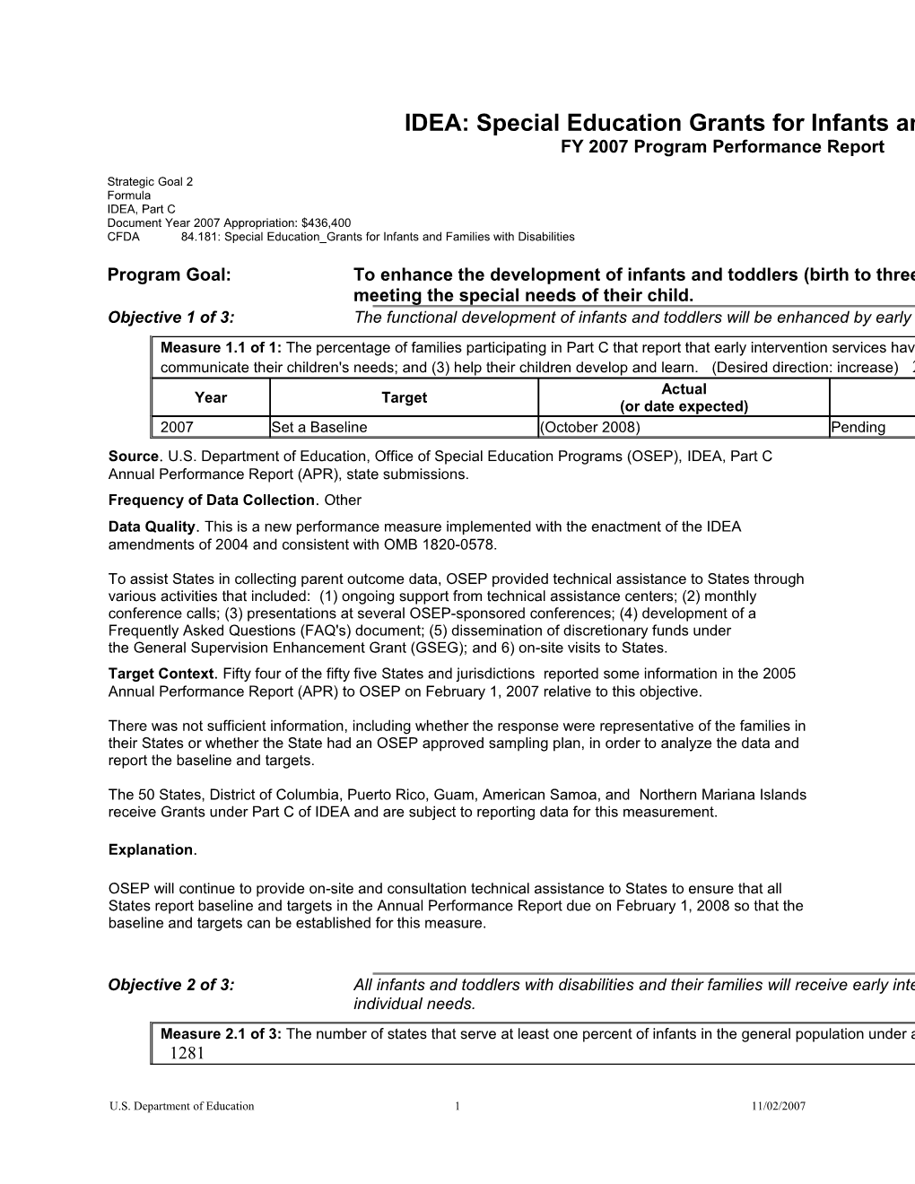 Special Education Grants for Infants and Families FY 2007 Program Performance Report (MS Word)