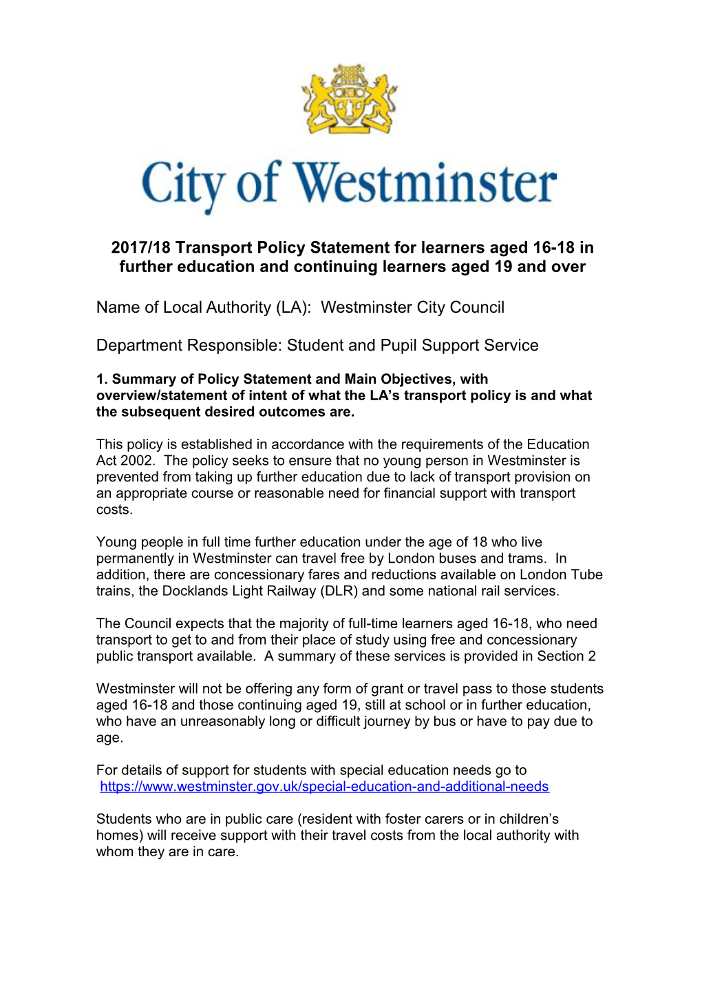 Westminster Local Authority Transport Partnership Fund Policy Statement