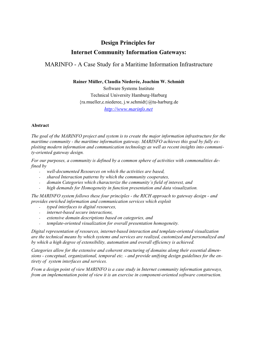 Design Principles for Internet Community Information Gateways: MARINFO - a Case Study For