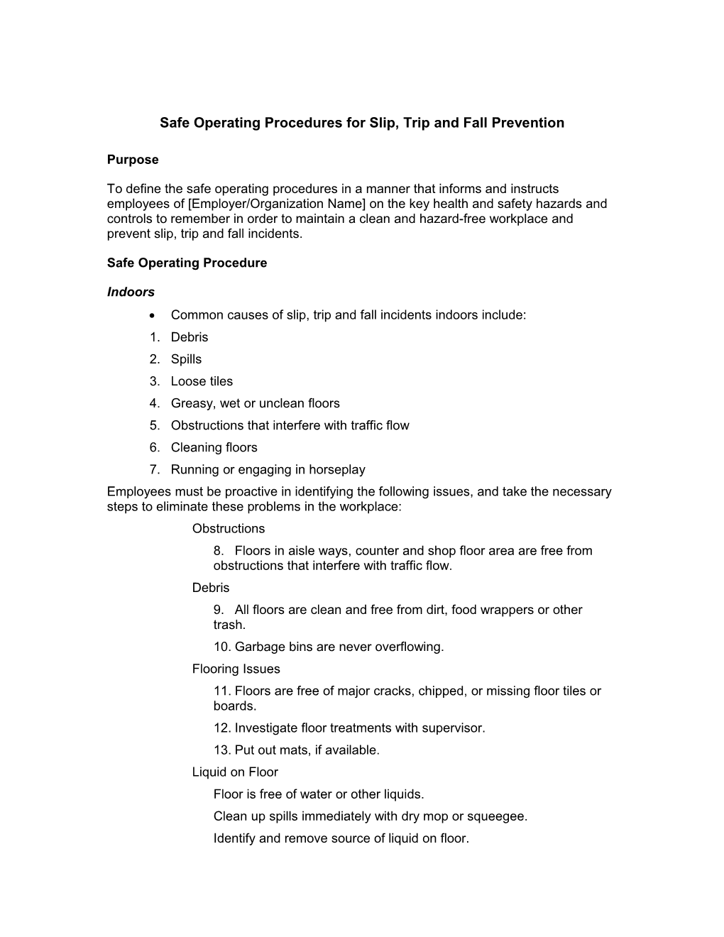 Safe Operating Procedures for Slip, Trip and Fall Prevention
