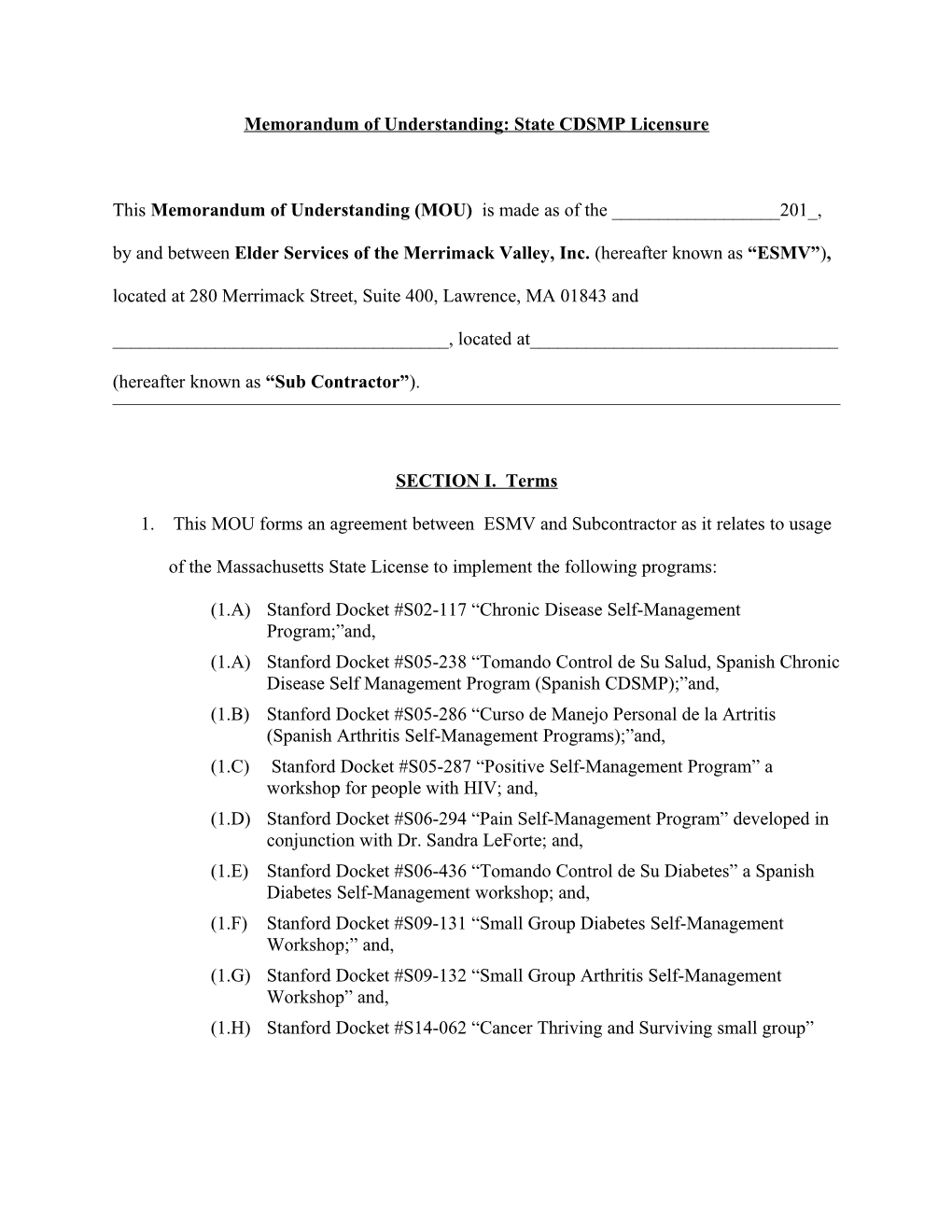 Memorandum of Understanding: State CDSMP Licensure