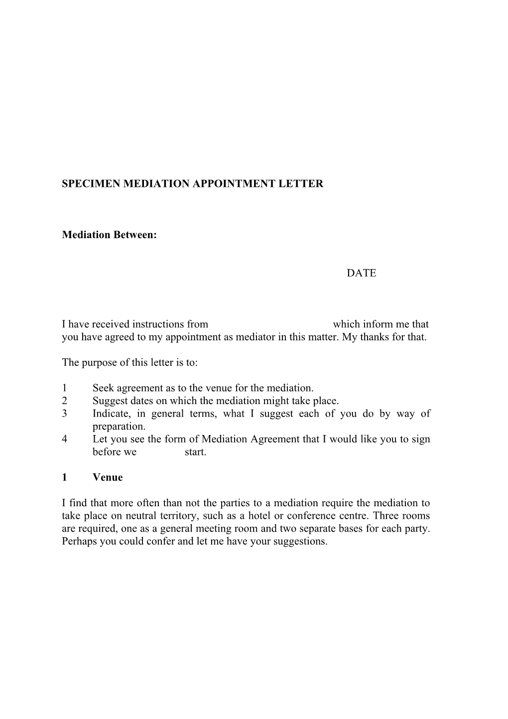 Specimen Mediation Appointment Letter