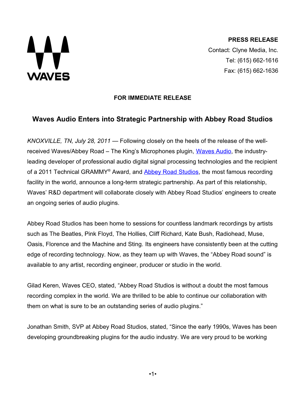 Waves Audio Enters Into Strategic Partnership with Abbey Road Studios