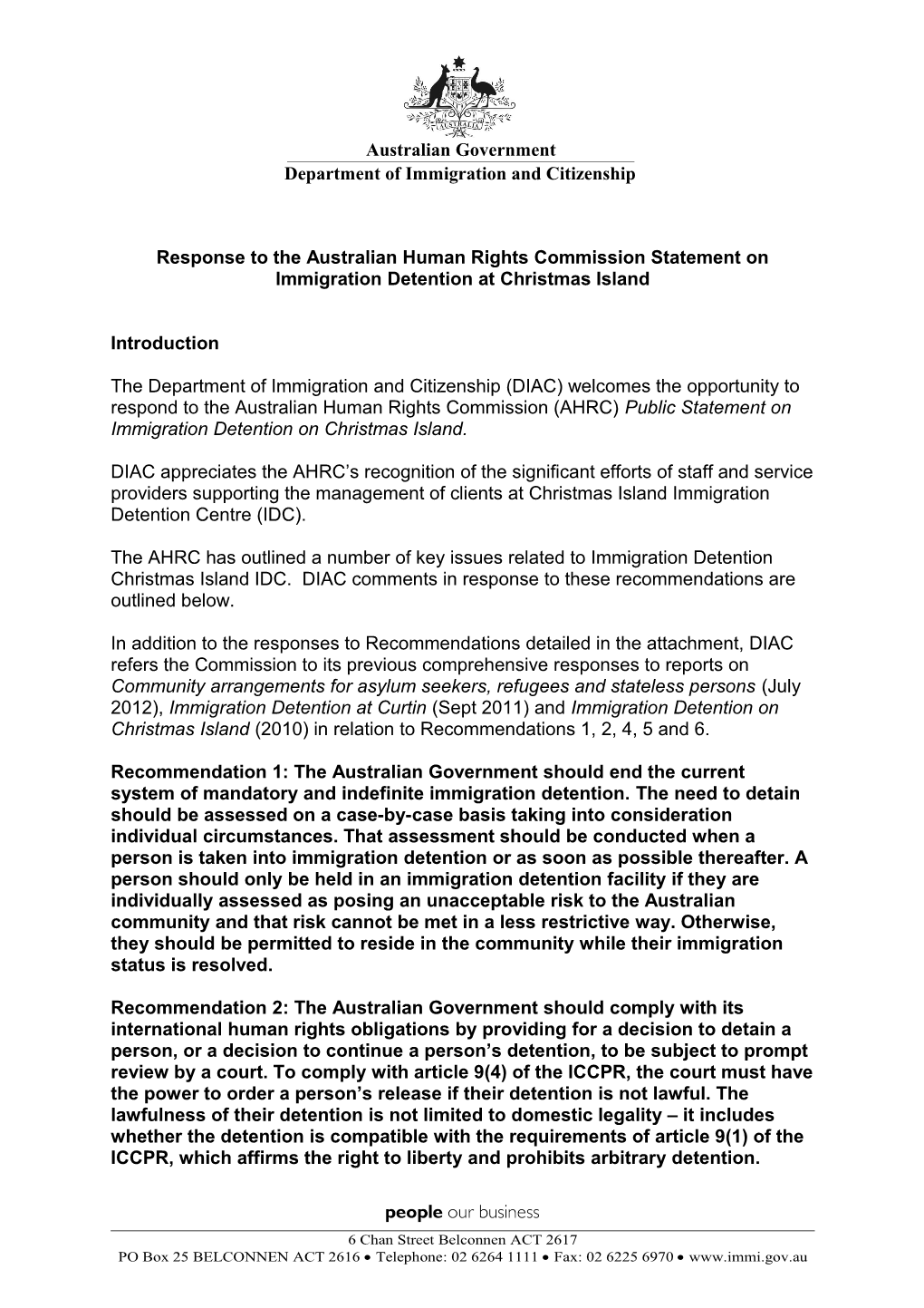 Response to the Australian Human Rights Commission Statement on Immigration Detention