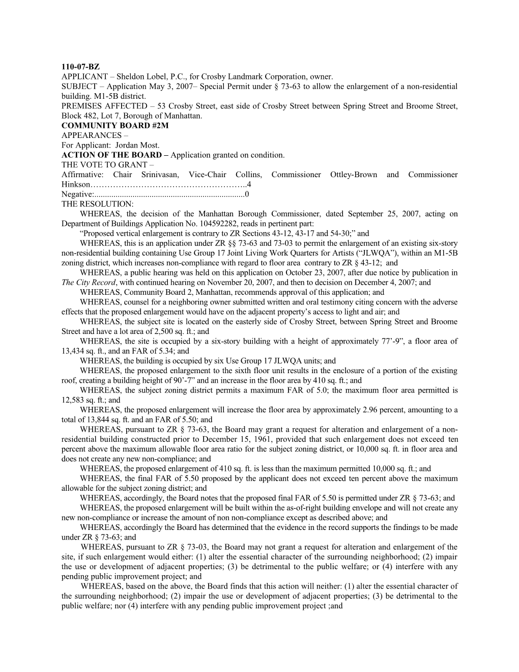 APPLICANT Sheldon Lobel, P.C., for Crosby Landmark Corporation, Owner