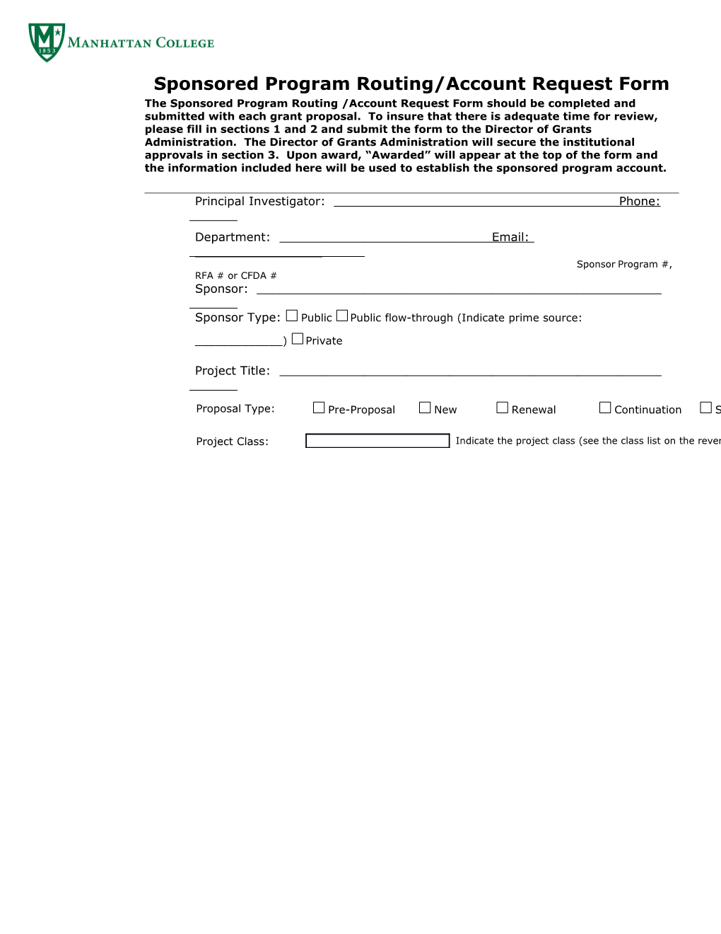 Sponsored Program Routing/Account Request Form