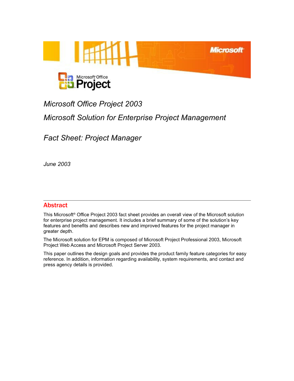 Project 2003 EPM Fact Sheet - Project Manager