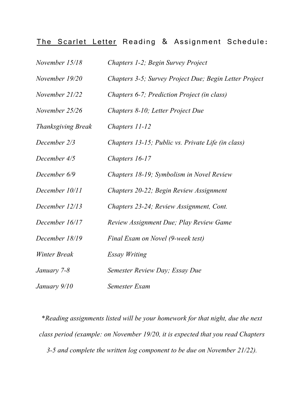 The Scarlet Letterreading & Assignment Schedule