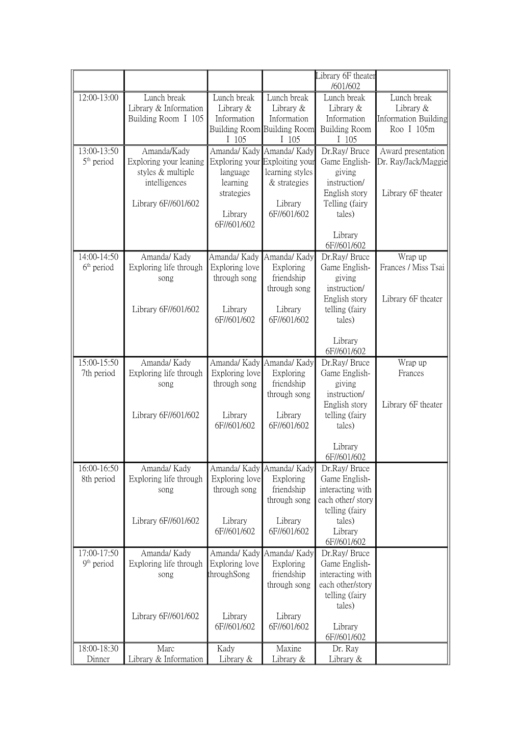 Schedule of the Whole English Summer Camp