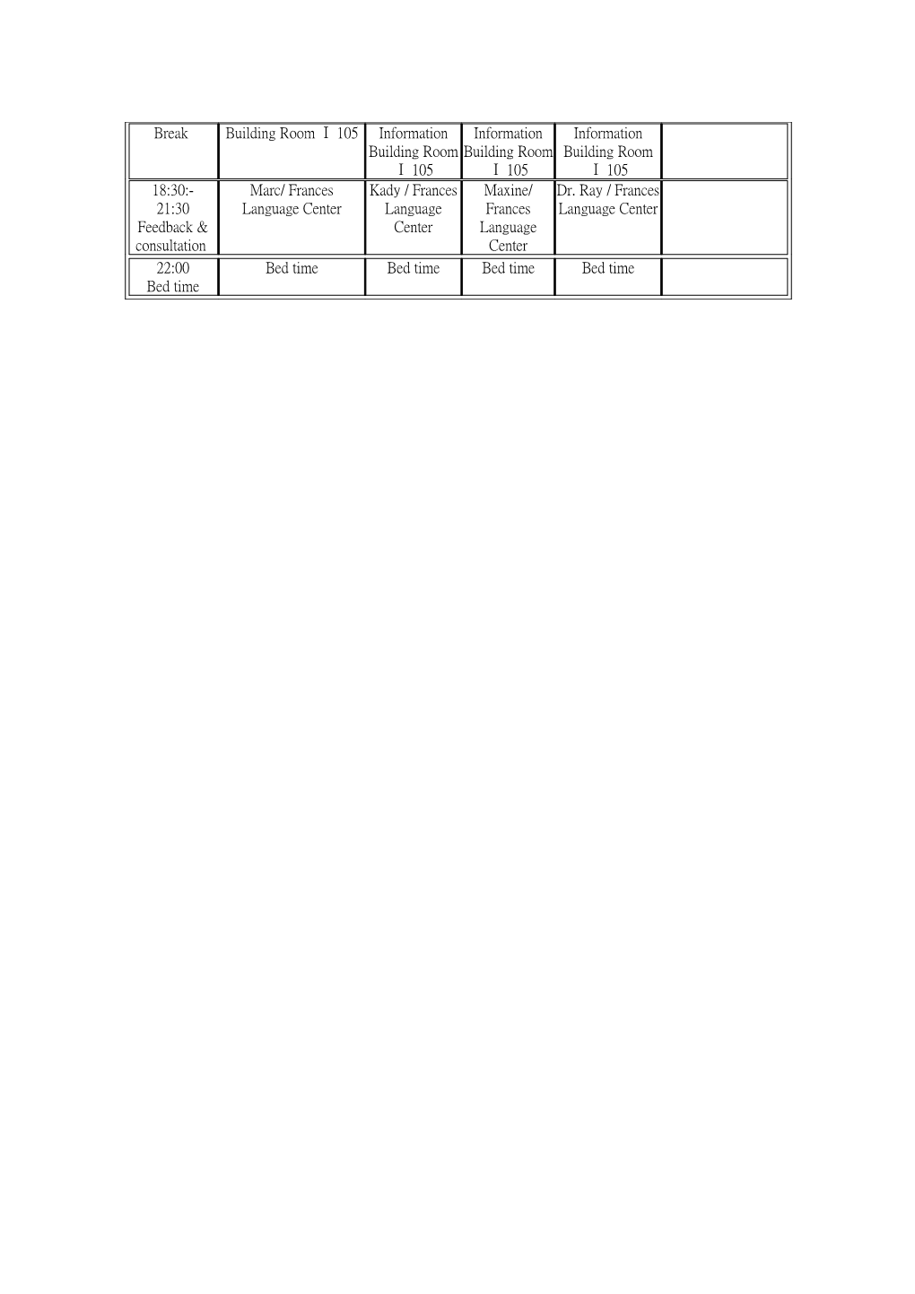 Schedule of the Whole English Summer Camp