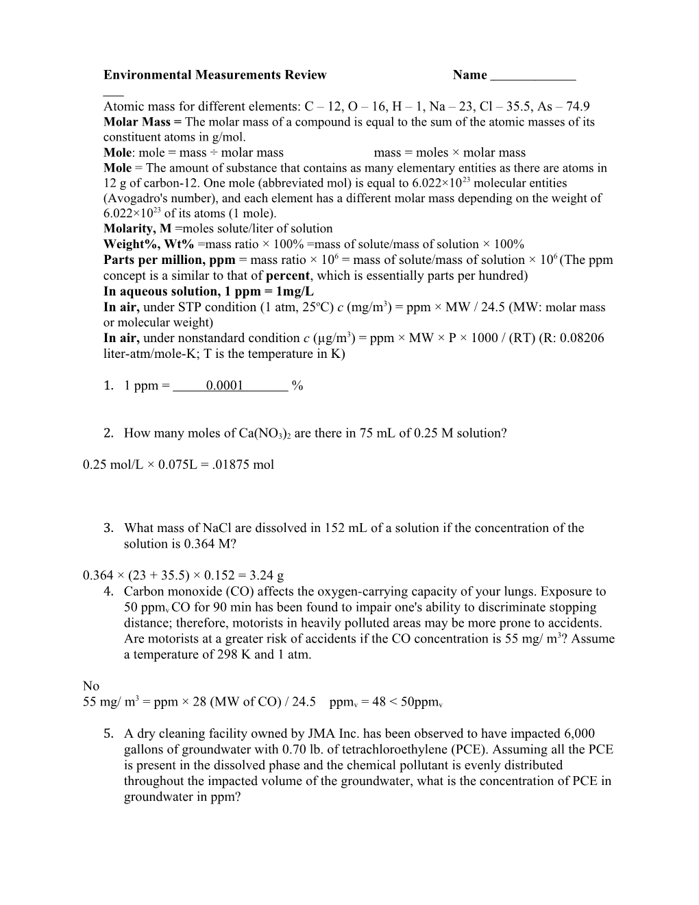 Atomic Mass for Different Elements: C 12, O 16, H 1, Na 23, Cl 35.5, As 74.9