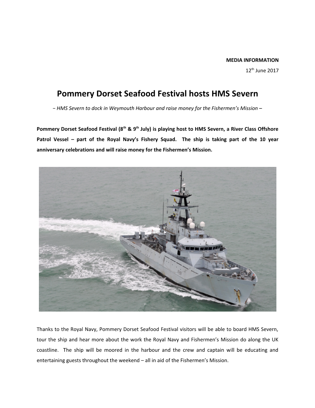 Pommery Dorset Seafood Festival Hosts HMS Severn