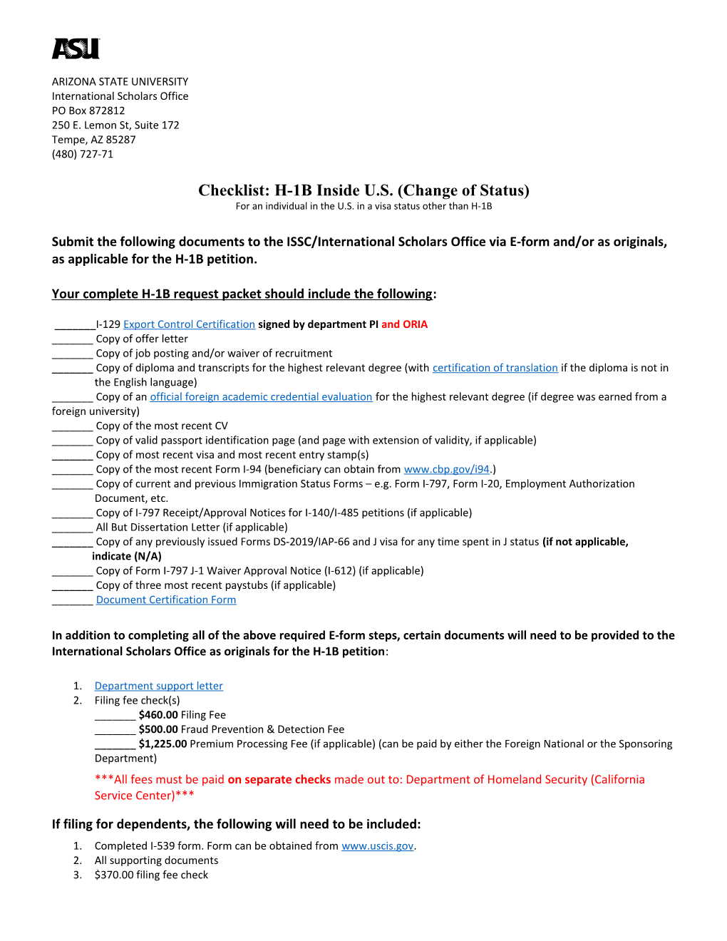 Checklist: H-1B Inside U.S. (Change of Status)