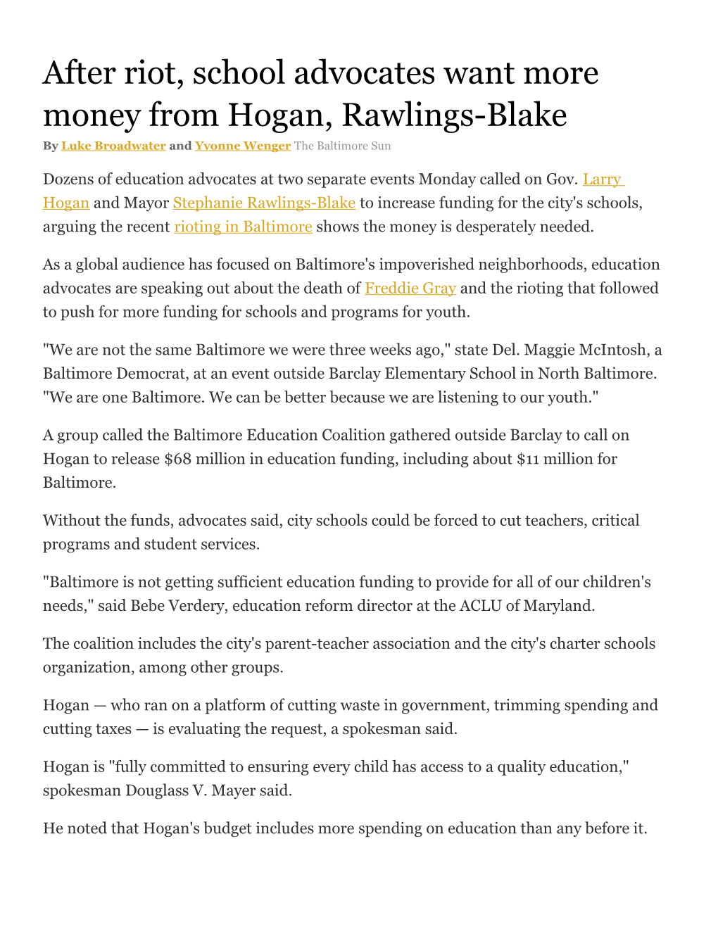 After Riot, School Advocates Want More Money from Hogan, Rawlings-Blake