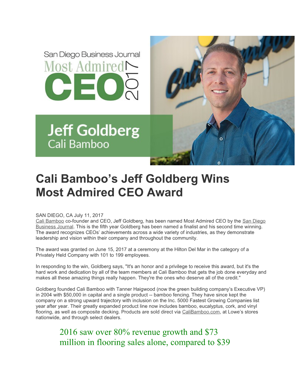 Cali Bamboo S Jeff Goldberg Wins Most Admired CEO Award