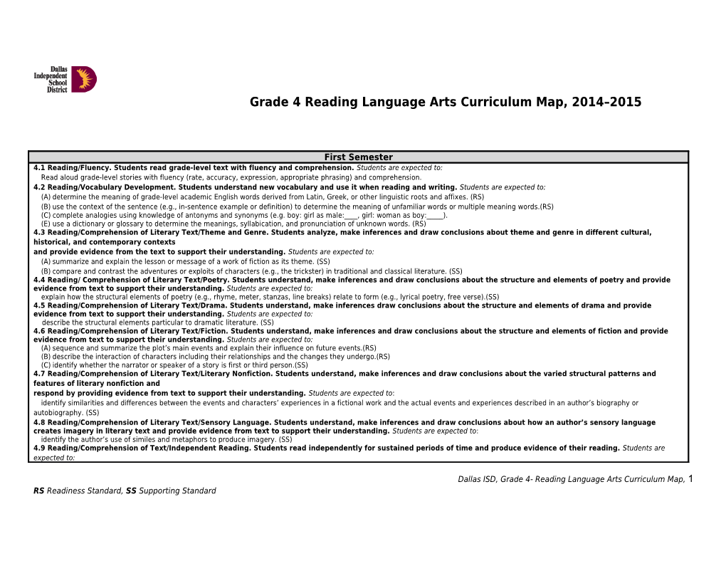 4Th Grade RLA Curriculum Map Semester 2014-2015
