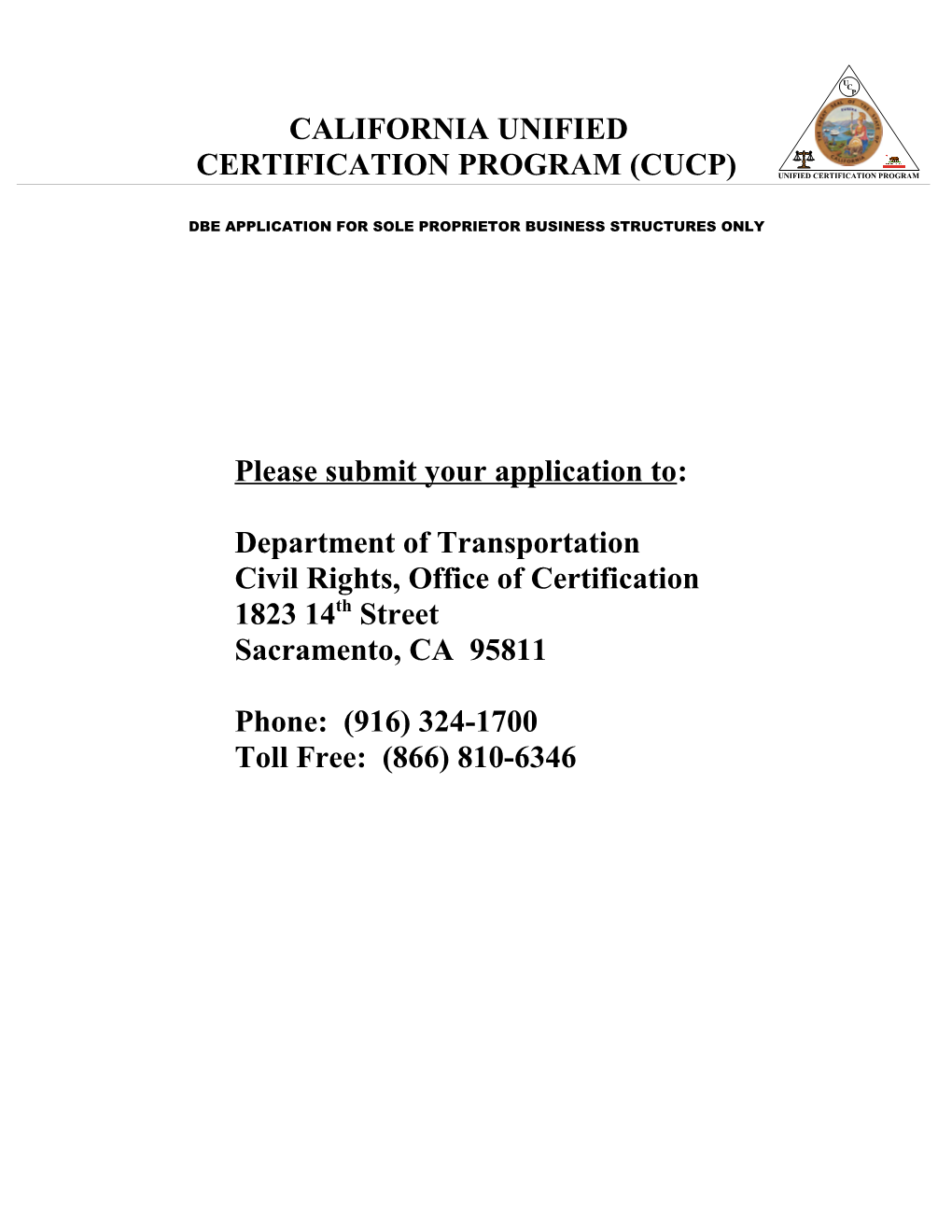 Dbe Application for Sole Proprietor Business Structures Only