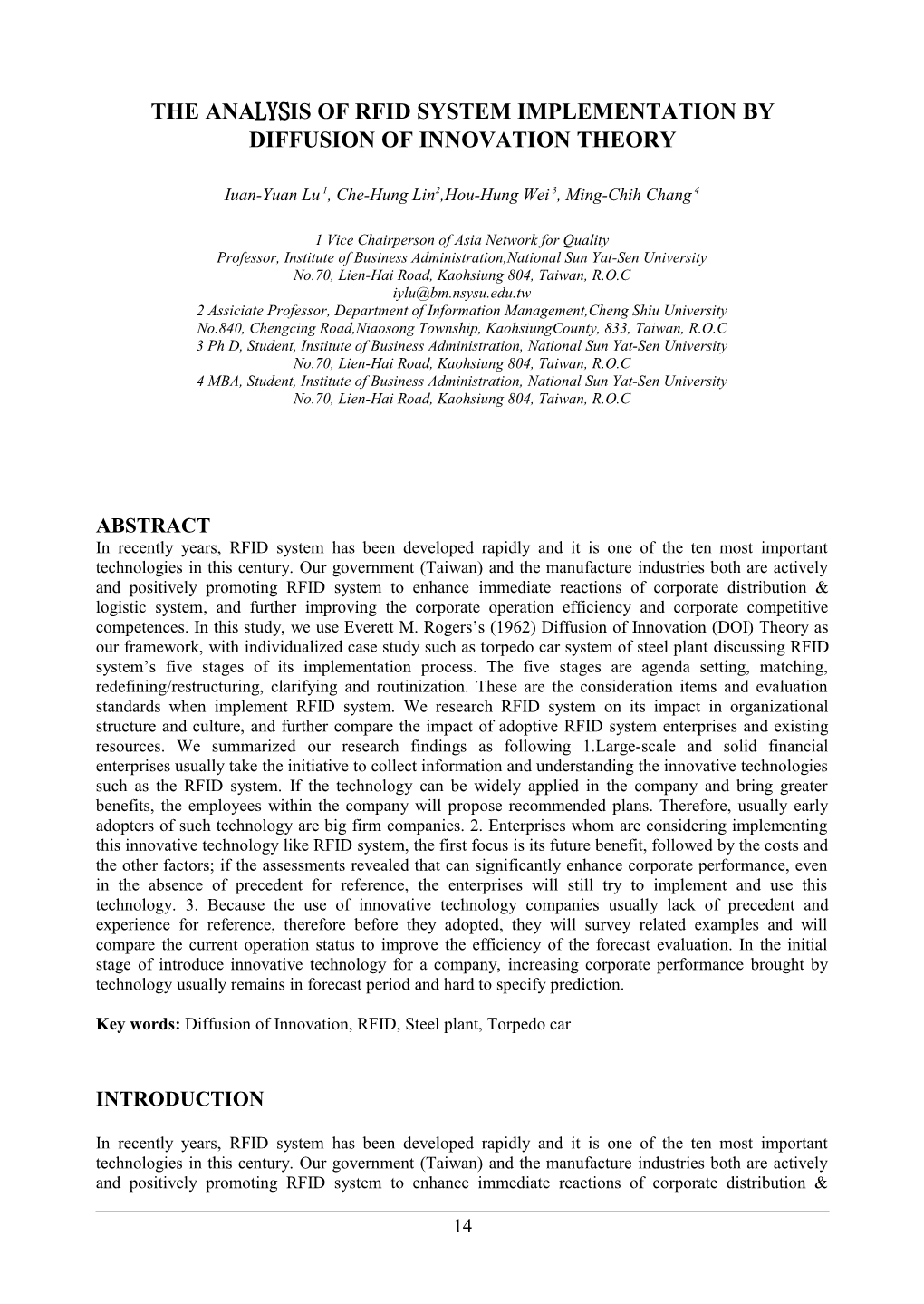 Theanalysisof Rfid System Implementationby Diffusionof Innovationtheory