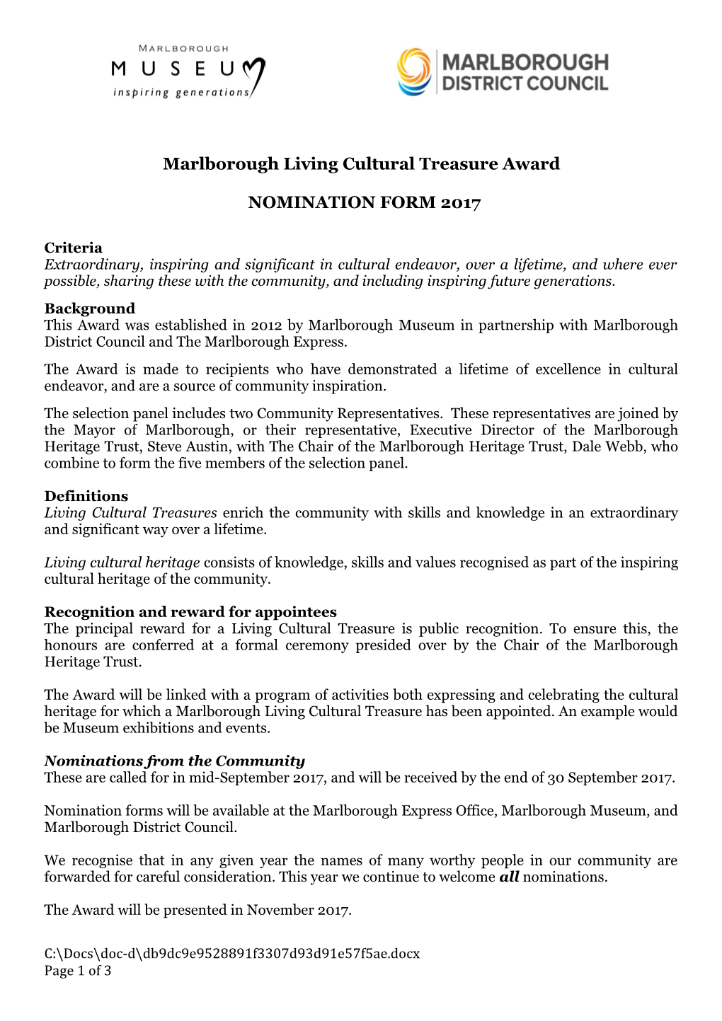 Marlborough Living Cultural Treasure Award
