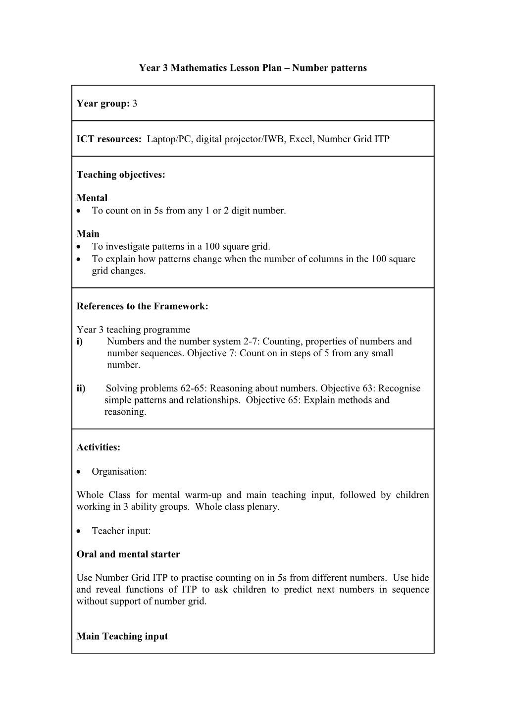 Year 3 Mathematics Lesson Plan Number Patterns