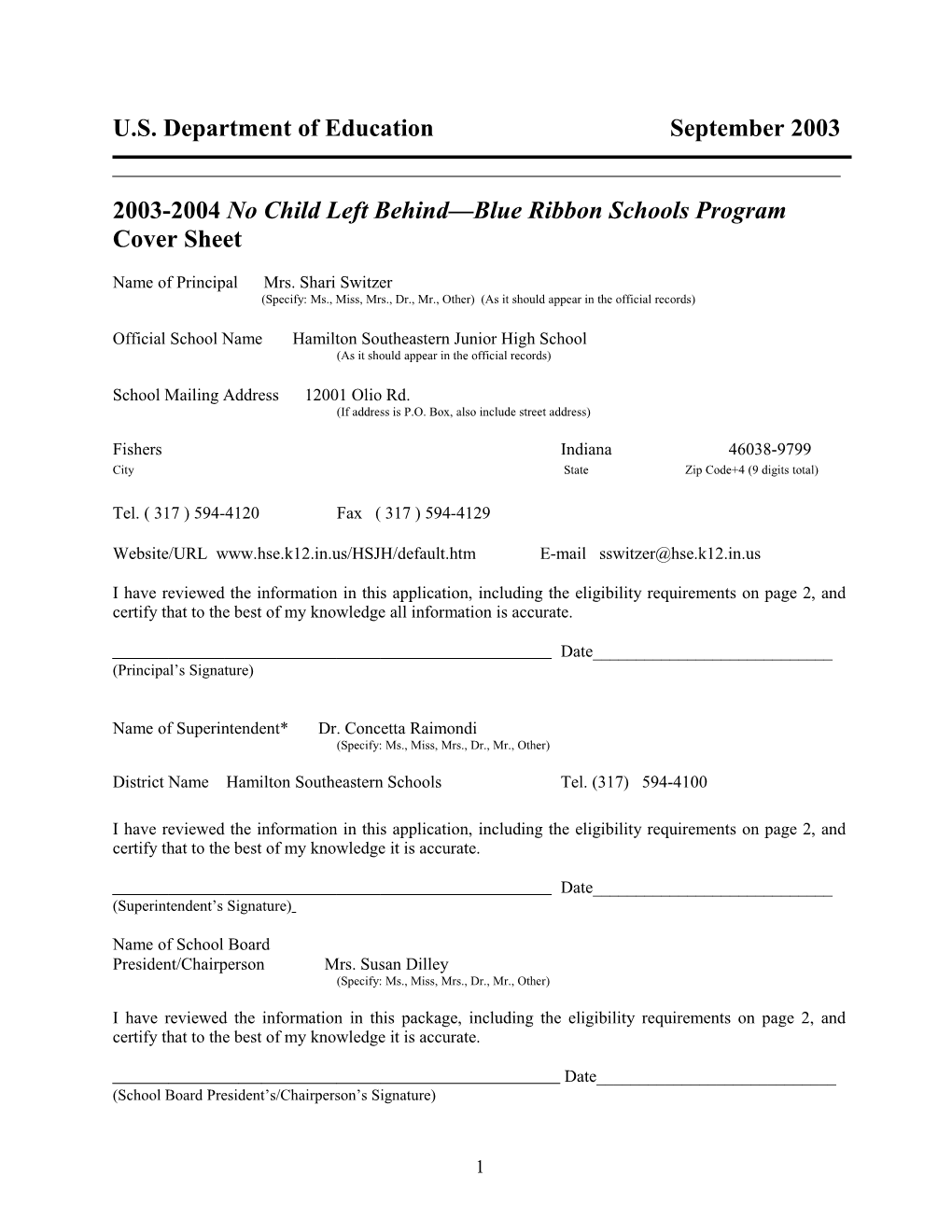 Hamilton Southeastern Junior High School 2004 No Child Left Behind-Blue Ribbon School