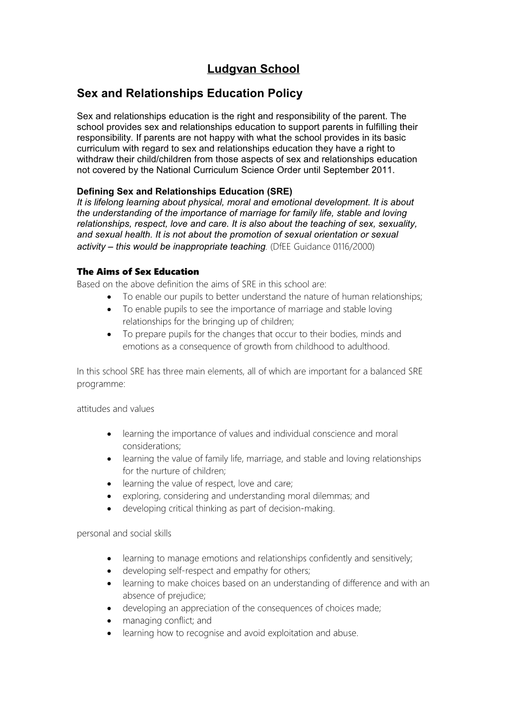 Sex and Relationships Education Policy Primary Model