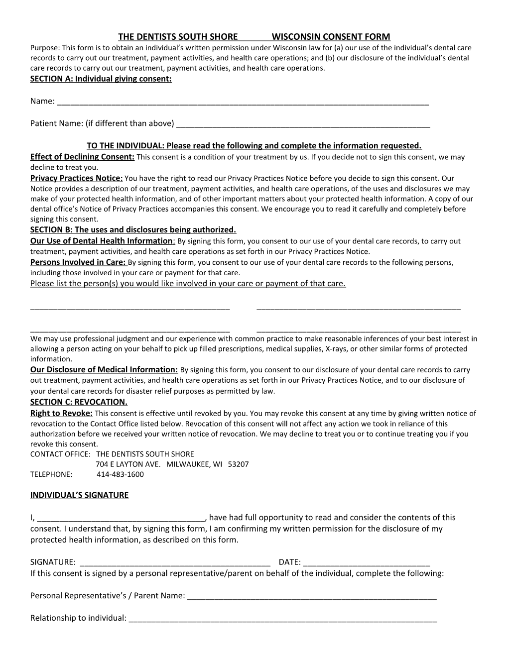 The Dentists South Shore Wisconsin Consent Form
