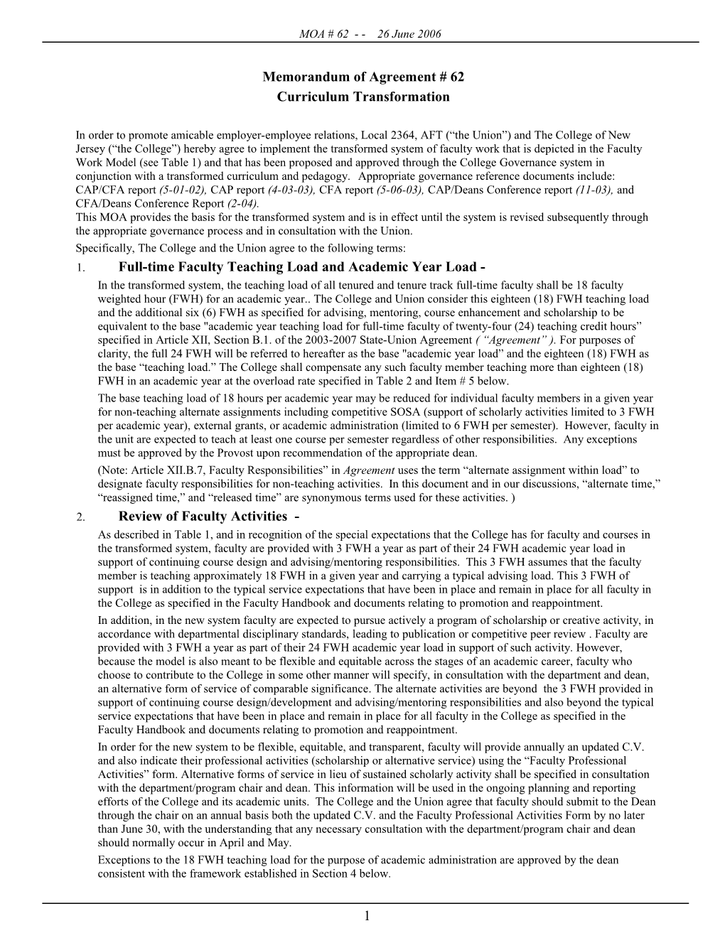 Analysis of Proposed MOA # 61 - Curriculum Transformation