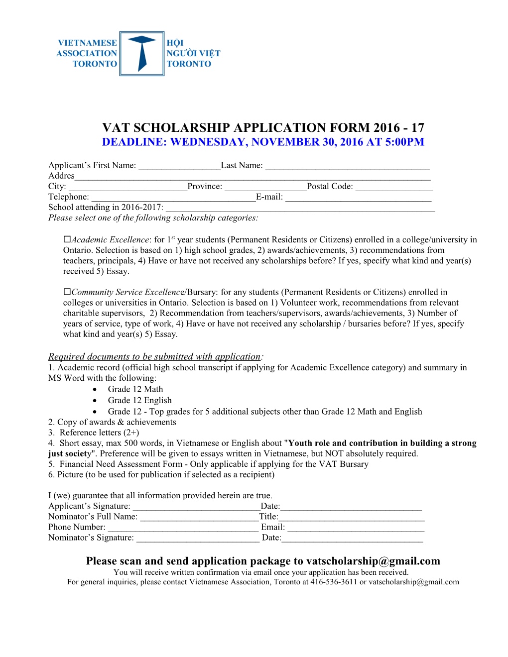 Vat Scholarship Application Form 2016 - 17