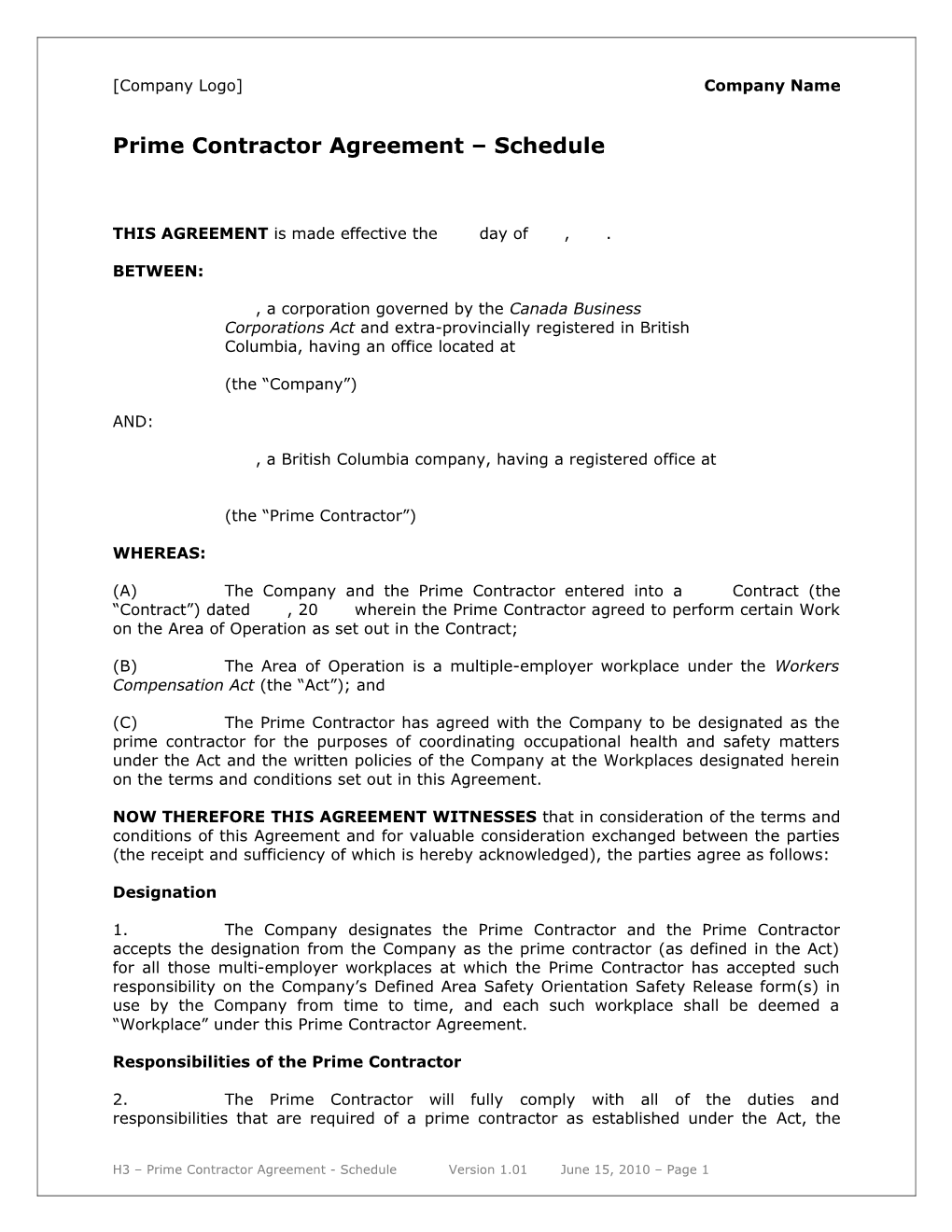 Prime Contractor Agreement