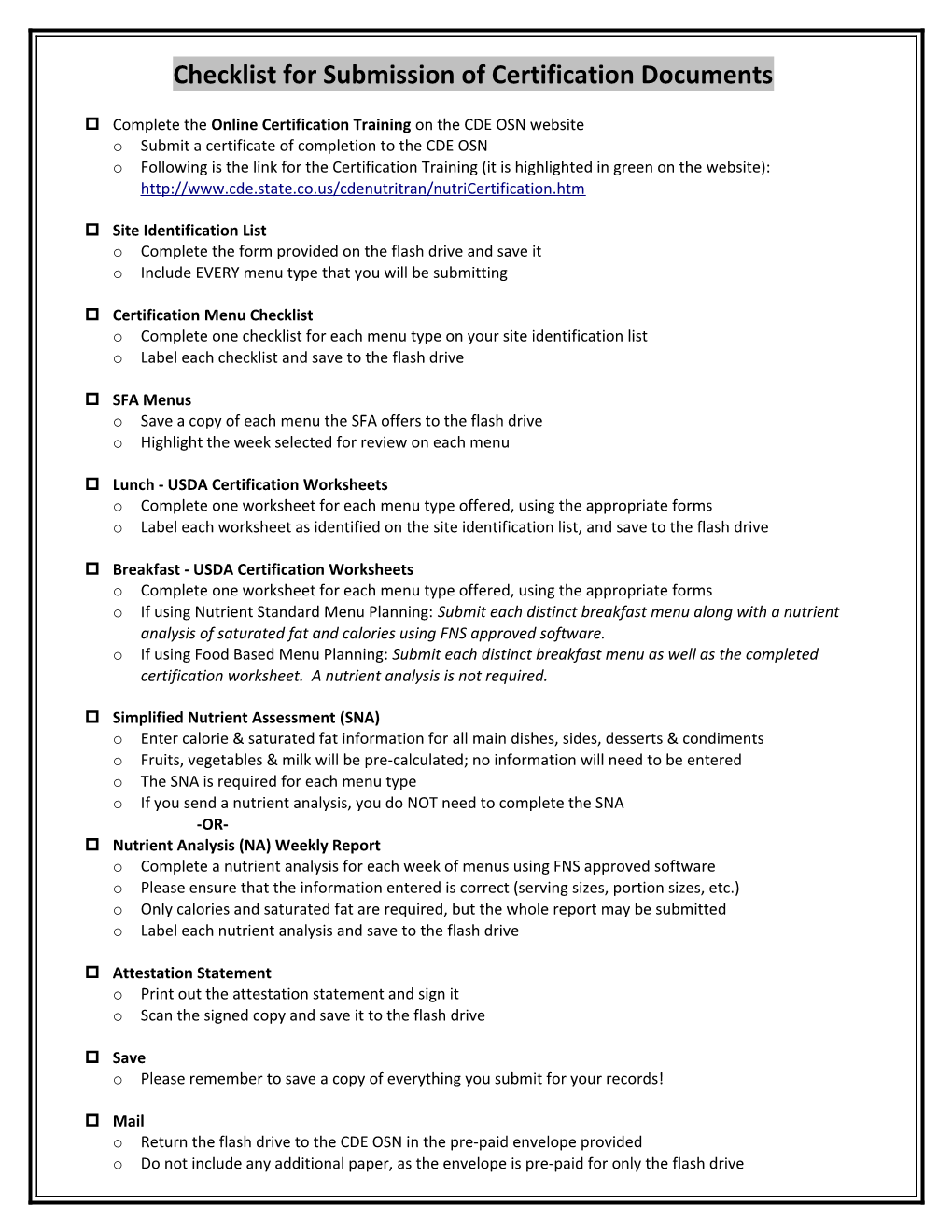 Checklist for Submission of Certification Documents