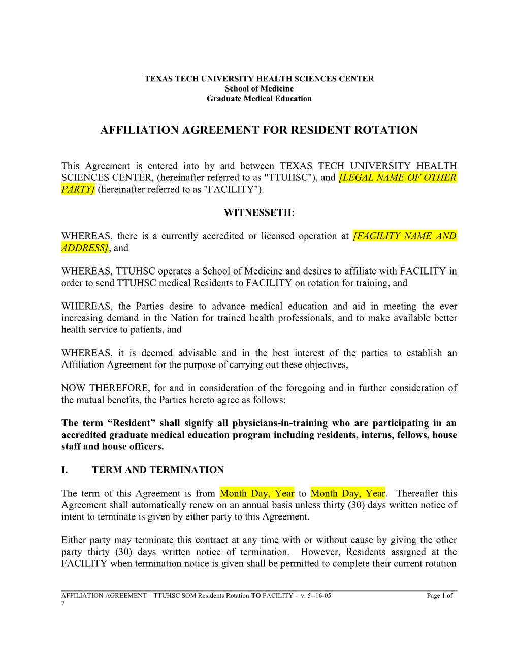 Affiliation Agreement for Resident Rotation