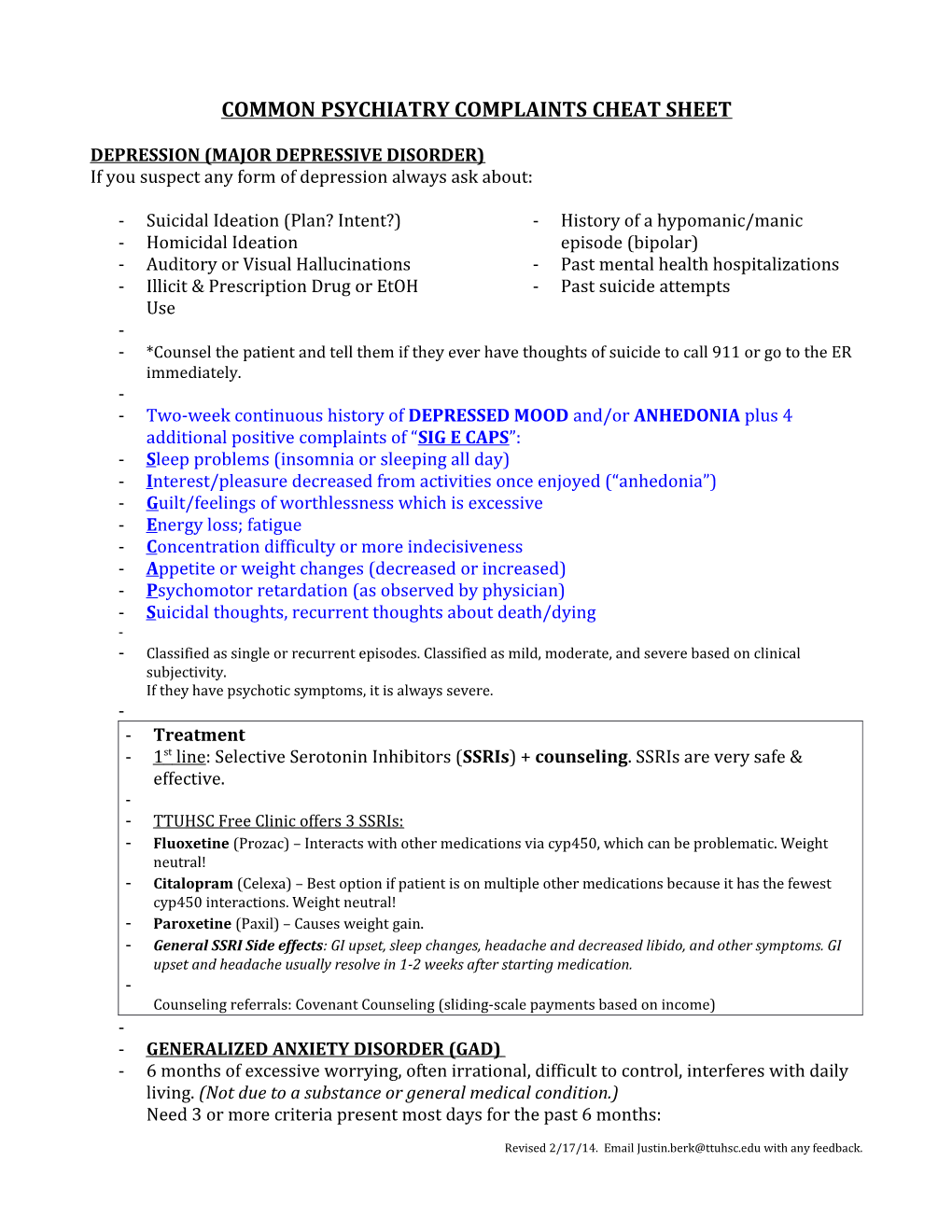 Common Psychiatry Complaints Cheat Sheet