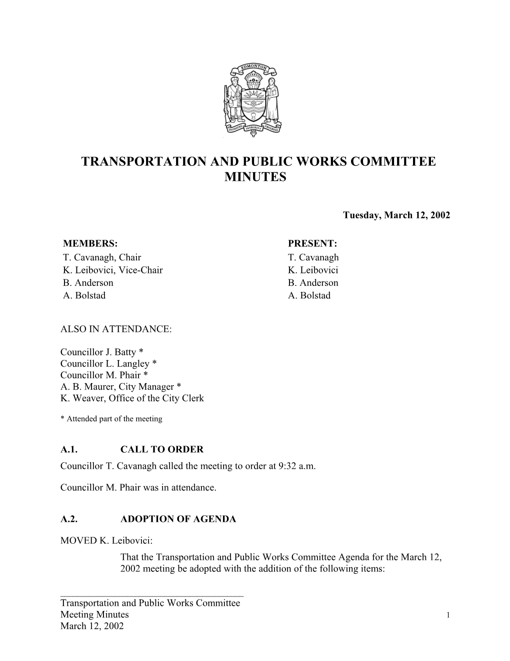 Minutes for Transportation and Public Works Committee March 12, 2002 Meeting